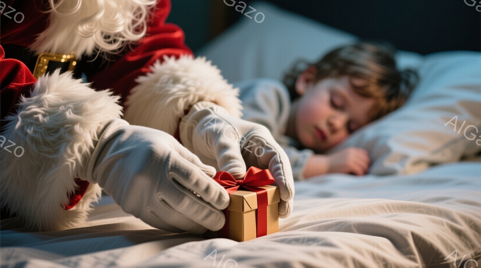 サンタクロースの衣装を着た人物が、小さな赤いリボンで結ばれた小さなギフトボックスを抱えています。背景には、白いシーツに横たわる幼い子供が見え、眠っているようです。全体的に暖かく、静かで、クリスマスの雰囲気が漂うシーンです。