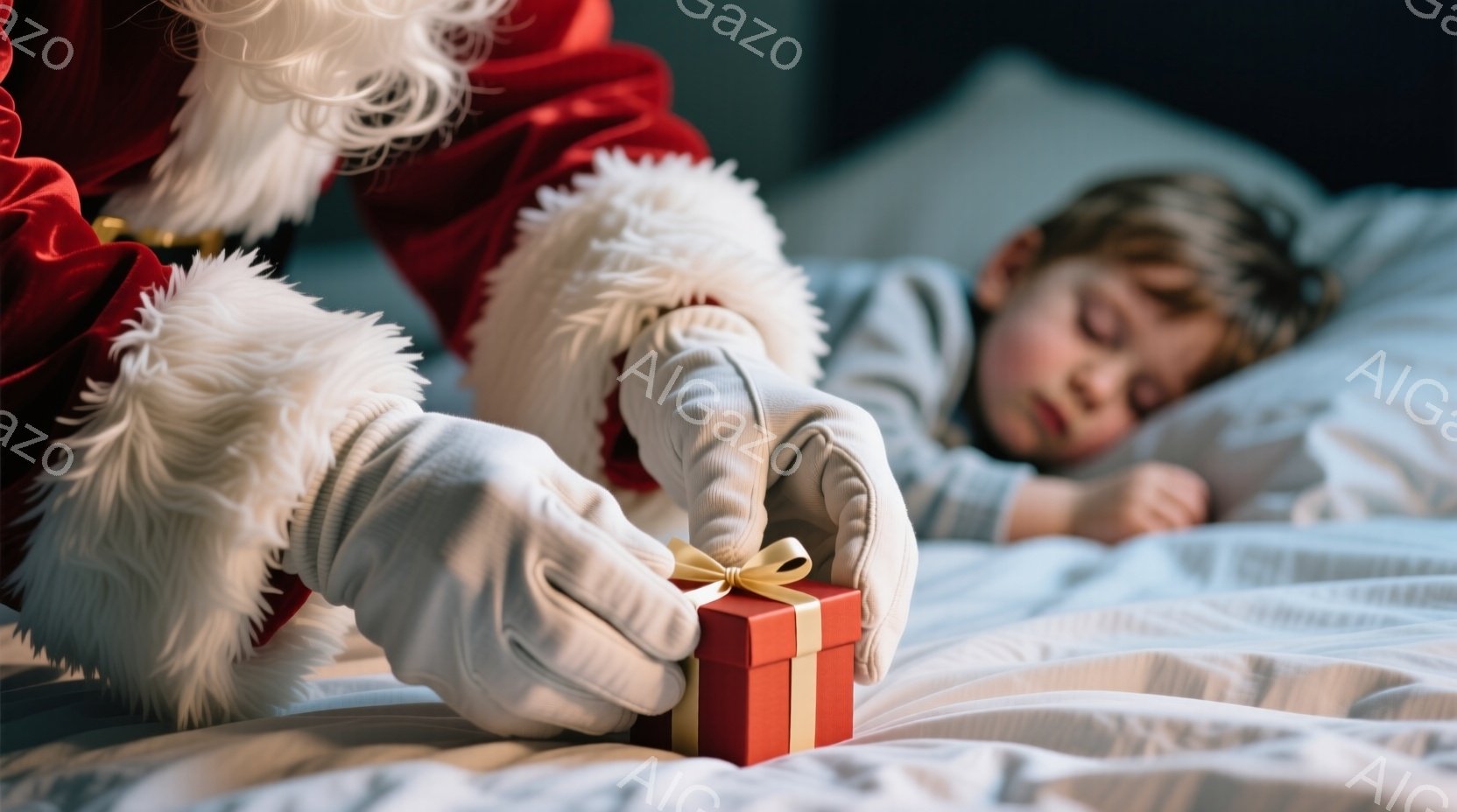 サンタクロースの赤い服を着た手が、リボン付きの赤いギフトボックスを手に持っている様子が写っている。背景には、白い枕に横たわって眠っている小さな男の子がぼんやりと見える。暖かく、静かで、祝祭的な雰囲気が漂う写真で、クリスマスのお祝いの場面を捉えている。