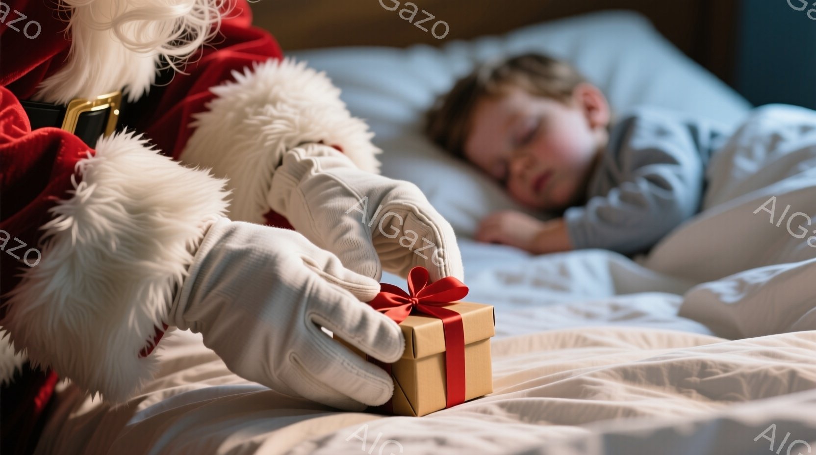 サンタクロースの衣装を着た人物が、小さな茶色のプレゼントボックスを手に持っています。箱には赤いリボンが結ばれており、手は白い手袋をはめています。背景には、毛布に包まれた眠っている子供が見え、全体的に温かく、静かで、お祝いの雰囲気を感じさせます。