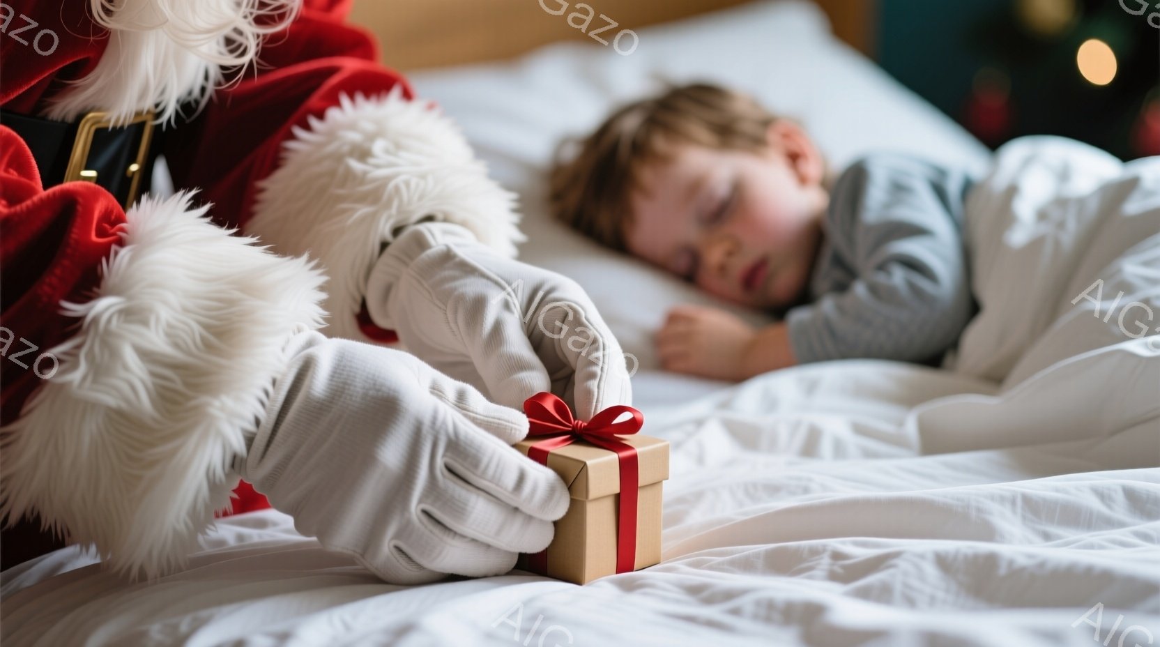 赤いサンタクロースの服を着た人物が、ベッドで眠っている少年のもとにプレゼントの箱を置こうとしている様子が描かれています。少年はグレーのパジャマを着て、リラックスして眠っています。背景はぼやけていますが、白いベッドシーツとわずかに見えるクリスマスツリーから、温かく静かなクリスマスの朝の雰囲気が伝わってきます。