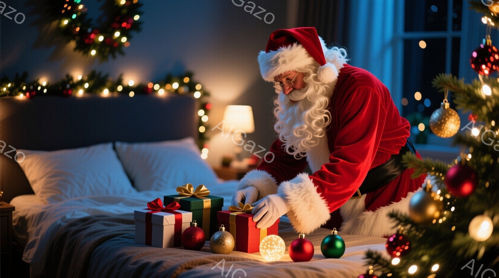 サンタクロースがベッドの上にプレゼントを置いている姿が描かれています。彼は赤いスーツと帽子を身につけ、白いひげを蓄え、顔には穏やかな表情が浮かんでいます。背景にはクリスマスツリーの飾りと、温かい光のイ - AI生成フリー素材