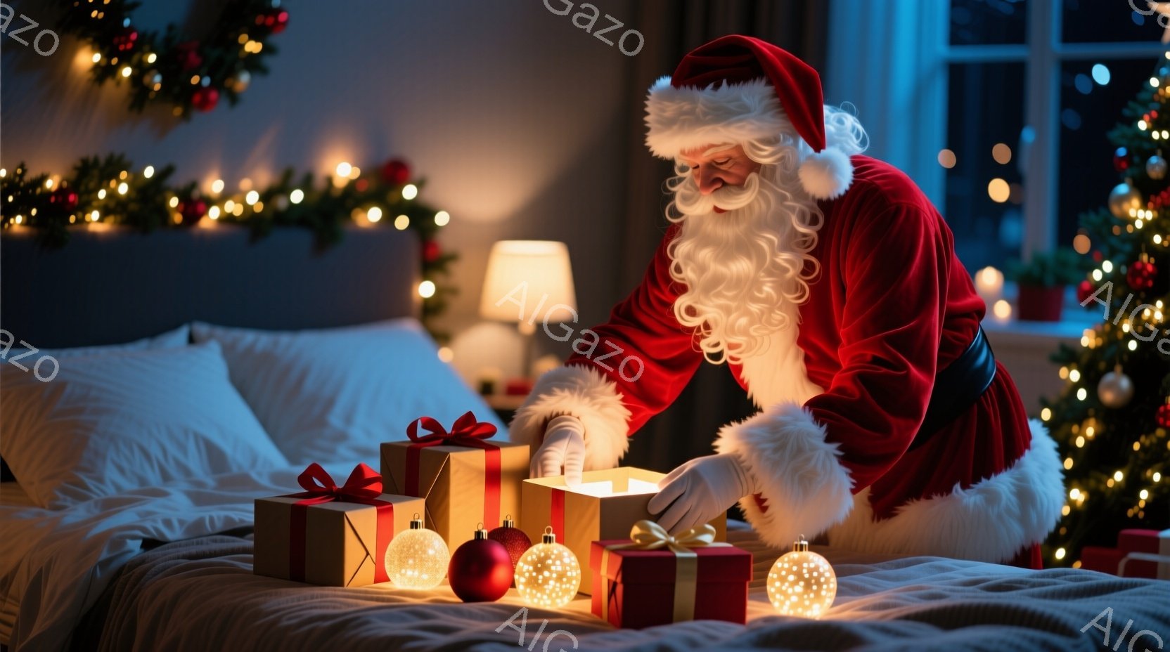 サンタクロースがベッドの上に座り、プレゼントの箱を開けようとしています。彼は赤いベルベットの衣装と白い毛皮のトリミングを着ており、長い白いひげと笑顔が印象的です。背景にはクリスマスの飾り付けが施された - AI生成フリー素材