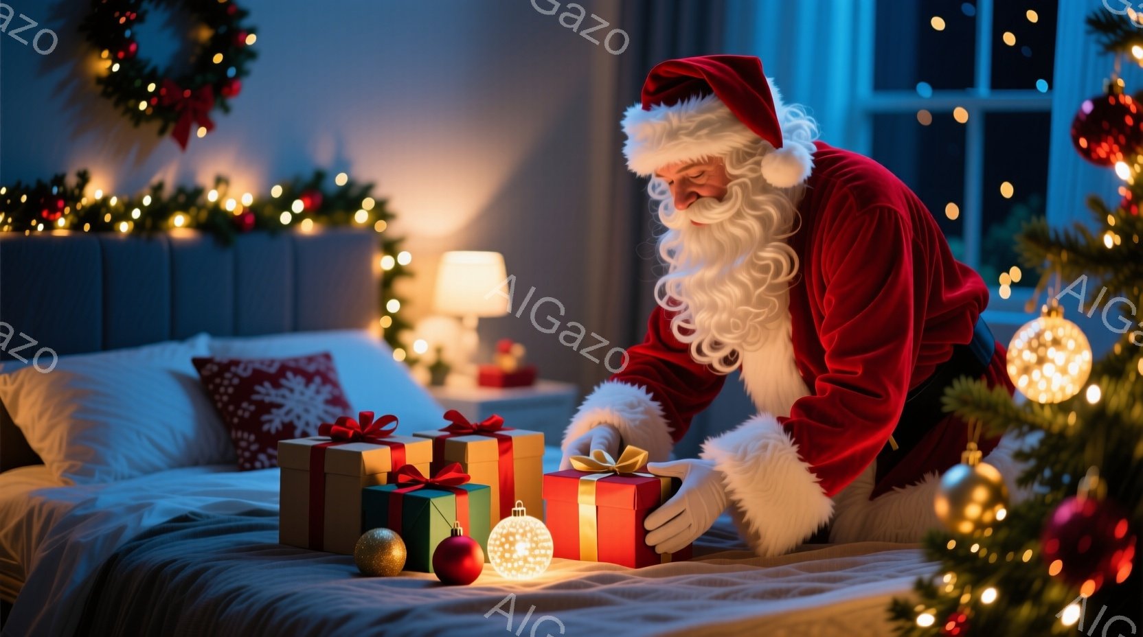 サンタクロースは赤い衣装を着て、白いひげを蓄え、ベッドの上にプレゼントを置いている。彼は膝を曲げ、プレゼントに手を伸ばし、真剣な表情で作業をしている。背景には、クリスマスツリーや装飾が輝き、温かく幻想的な雰囲気を醸し出している。