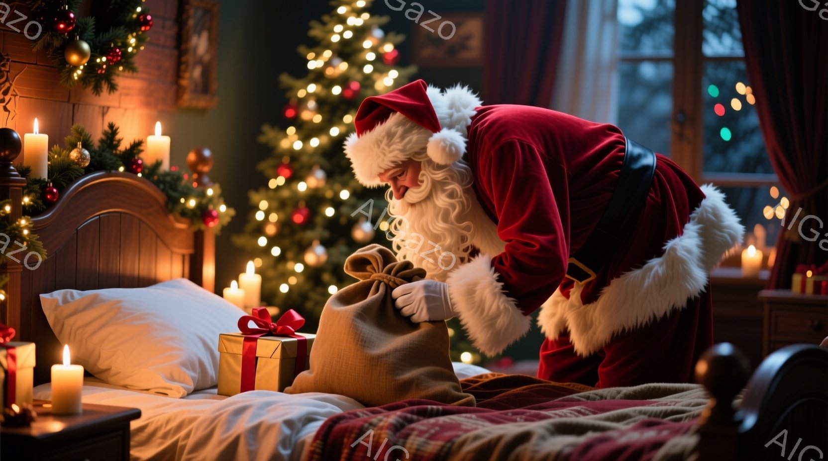 サンタクロースは赤い衣装と白い髭を蓄え、大きな袋からプレゼントを取り出そうとしている。部屋はクリスマスの飾りでいっぱいであり、暖炉の火やキャンドルの明かりが温かい雰囲気を醸し出している。背景にはクリス - AI生成フリー素材