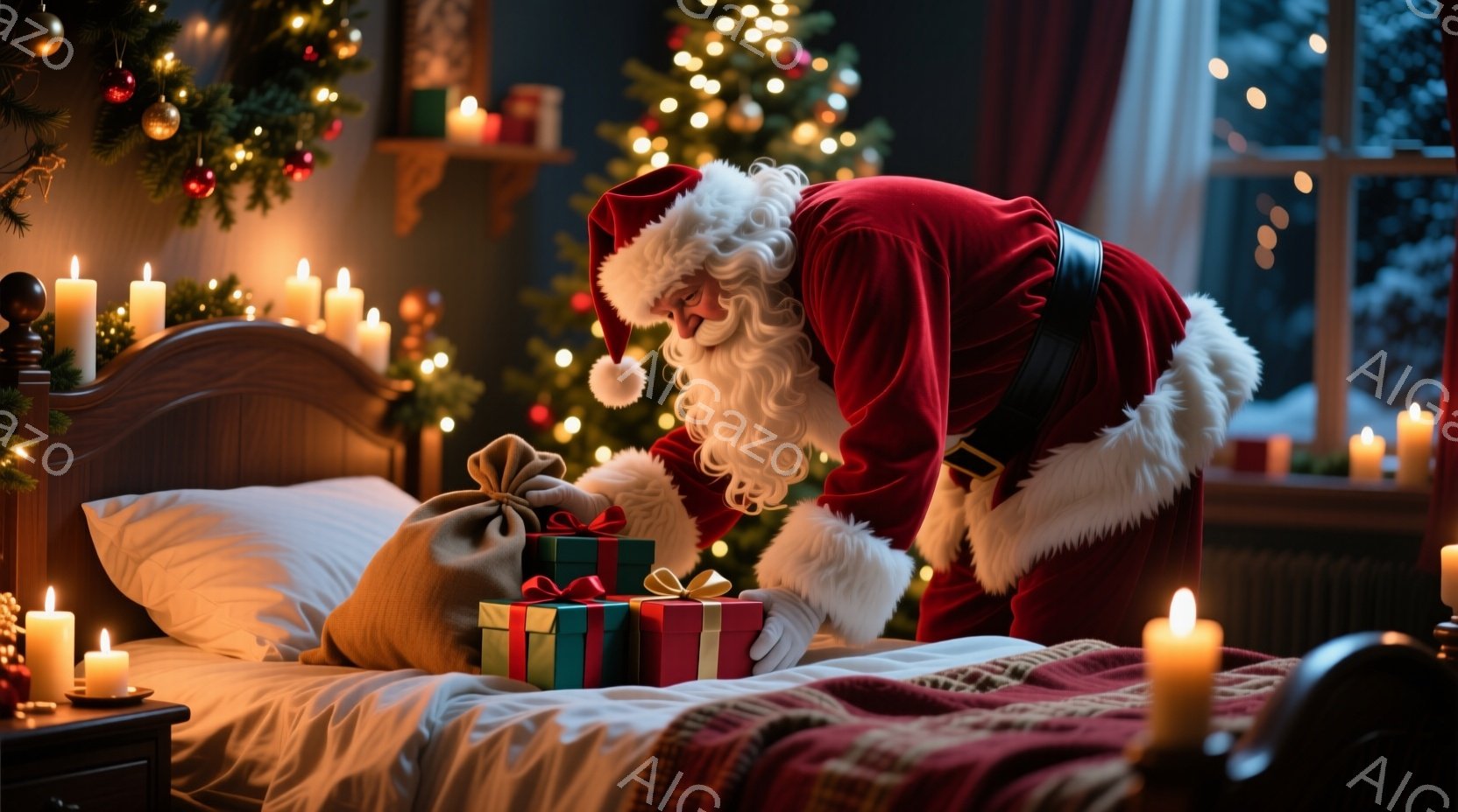 サンタクロースがベッドの上にプレゼントを置こうとしてかがんでいます。彼は赤いベルベットの衣装、白い毛皮の縁取り、そして白いひげと髪を持っています。背景には、クリスマスツリー、キャンドル、そして雪の降る夜の窓が見え、暖かく、お祝いの雰囲気です。