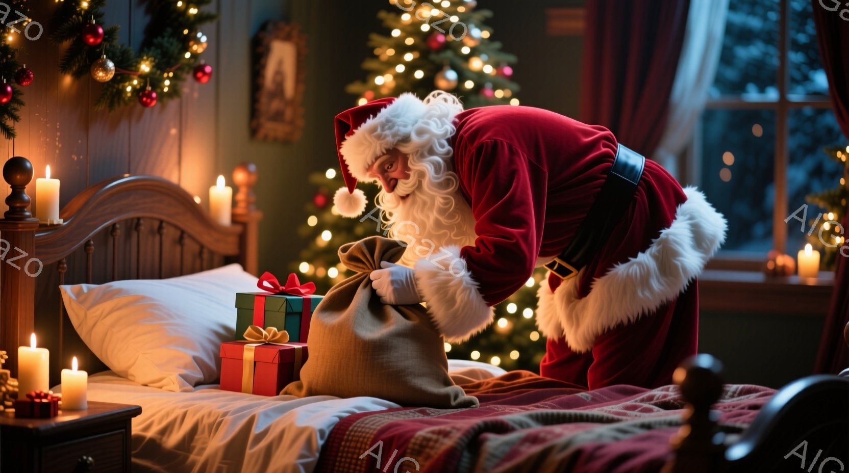 サンタクロースがベッドにプレゼントの袋から赤い包装紙のギフトを置いている様子が描かれています。彼は赤いベルベットの衣装、白い毛皮の縁取り、そして白い長いひげを蓄えており、にこやかな表情を浮かべています - AI生成フリー素材