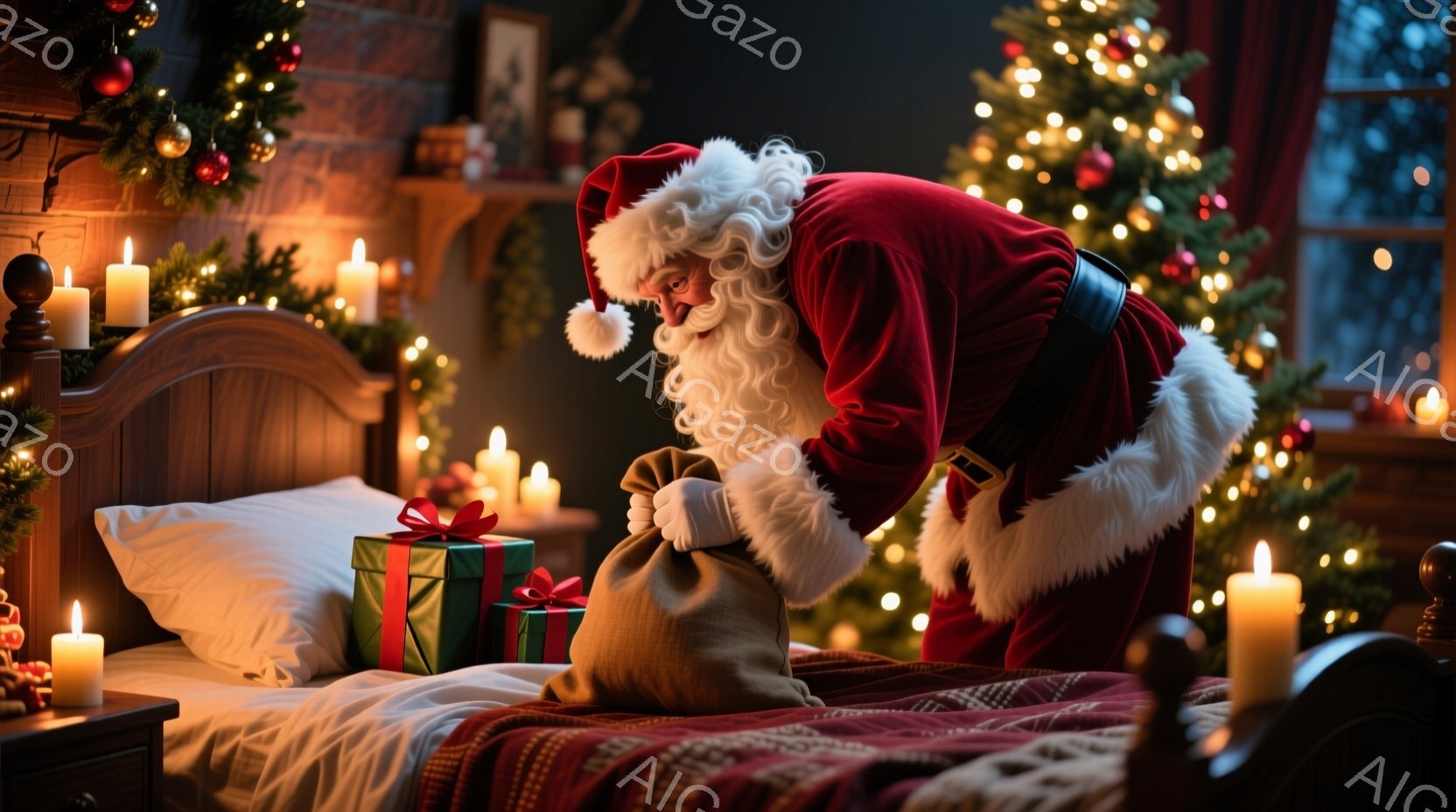 サンタクロースは赤いベルベットの衣装と白い毛皮の縁取り、そして白いあご髭と髪で飾られています。彼はベッドのそばにひざまずき、大きな麻袋からプレゼントを取り出そうとしています。背景には、輝くクリスマスツ - AI生成フリー素材