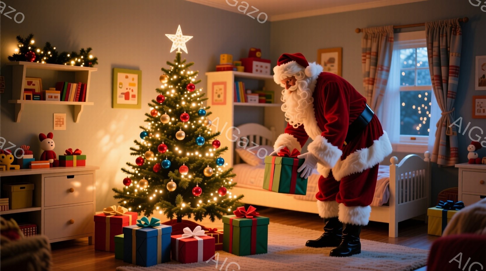 部屋の中には、クリスマスツリーの周りにプレゼントが置かれ、サンタクロースがプレゼントを置くためにかがんでいます。サンタクロースは赤いスーツとブーツを身に着け、白いひげと笑顔で、暖かく幸せな雰囲気を作り出しています。背景には、おもちゃや本が並んだ子供部屋が見え、窓からはぼんやりとした光が差し込み、クリスマスの温かい雰囲気を高めています。