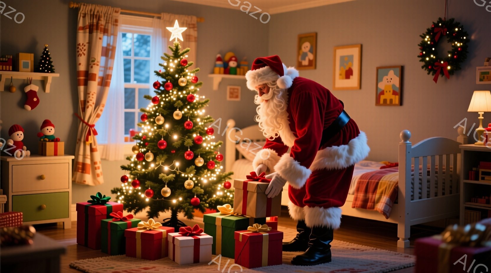 部屋の中には、プレゼントの山に囲まれてサンタクロースがひざまずいている。彼は赤いベルベットの衣装、白いひげ、そして赤い帽子を身につけており、プレゼントにリボンを結ぶ作業をしている。背景にはクリスマスツリーが飾られ、暖炉と子供部屋の家具が暖かく、お祝いの雰囲気を醸し出している。