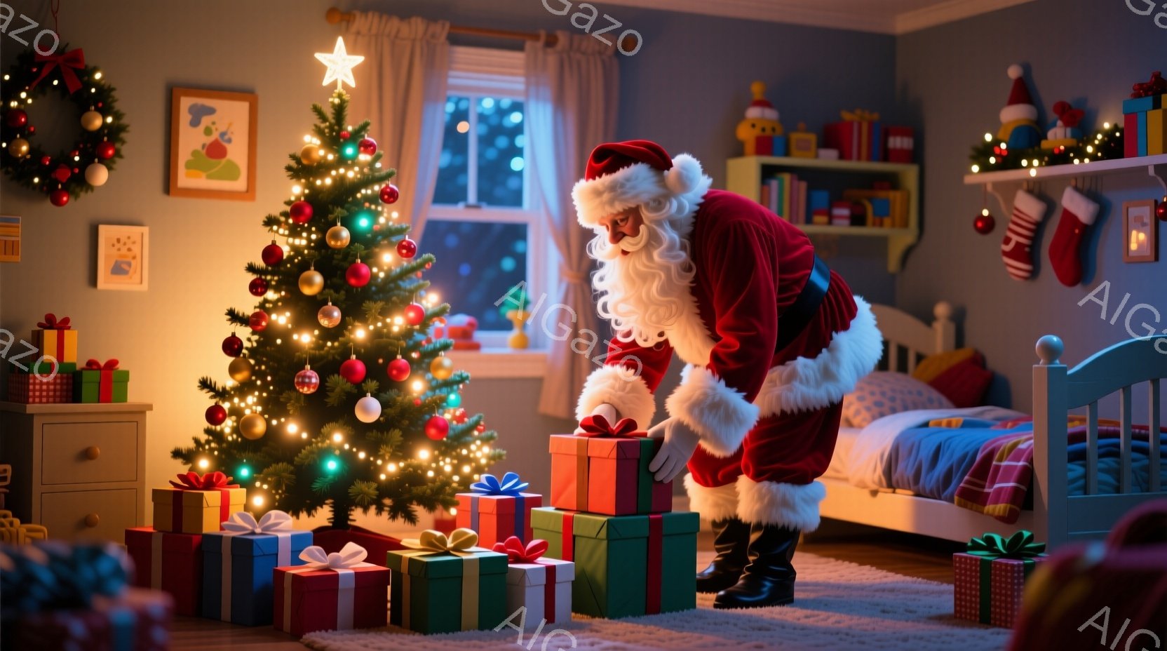 クリスマスツリーの光が輝く子供部屋で、サンタクロースがプレゼントの山に囲まれ、プレゼントを置くためにかがんでいます。サンタクロースは赤いベルベットの衣装に身を包み、白いひげと笑顔が特徴的です。部屋には、クリスマスオーナメント、ベッド、窓からの夜景が見え、暖かく、祝祭的な雰囲気が漂っています。