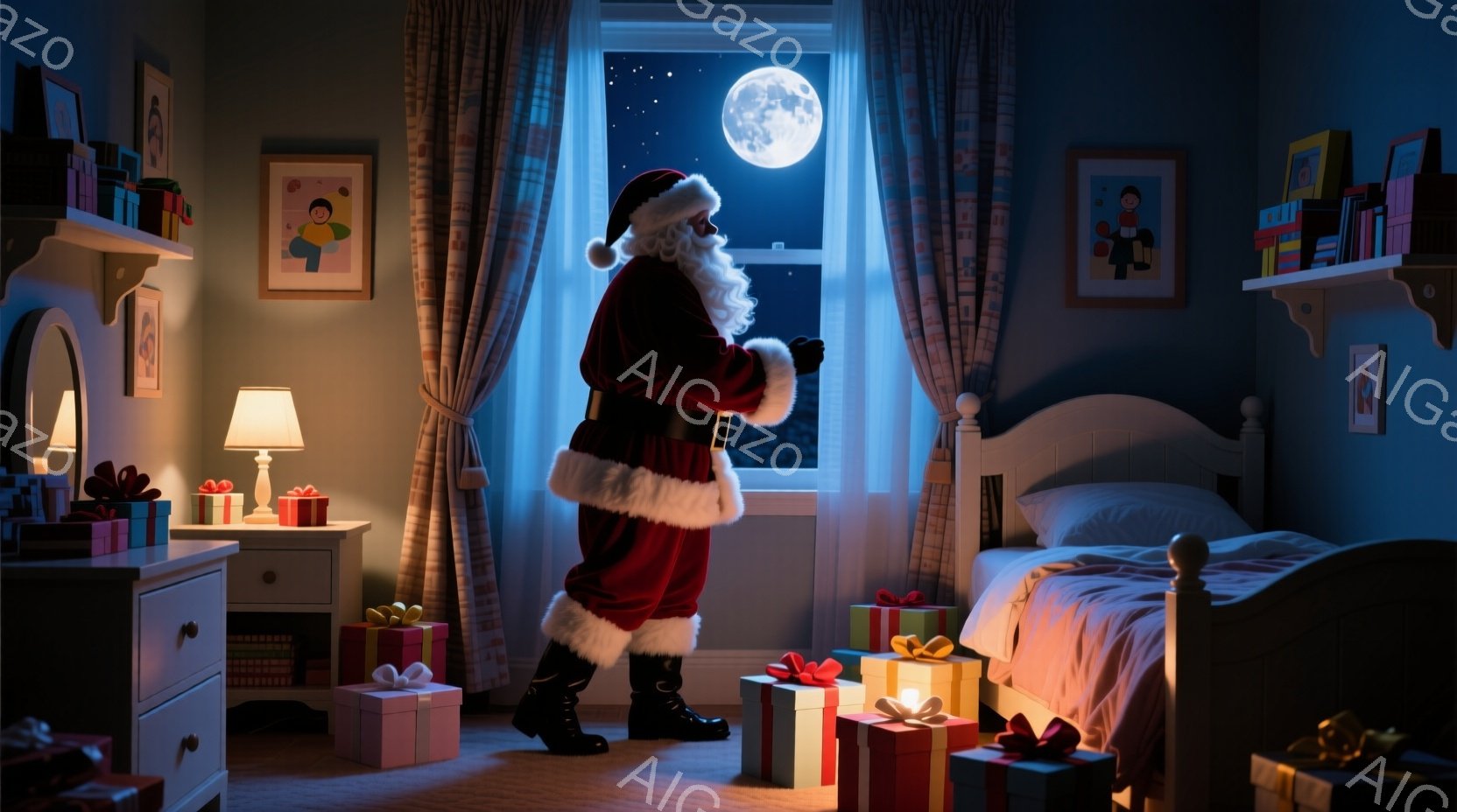 暖炉の光が差し込む寝室で、サンタクロースが窓辺に立っている。赤い衣装に白い髭を生やし、黒いブーツを履いているサンタは、夜空に輝く満月を見上げている。部屋にはプレゼントが並び、温かく幻想的な雰囲気が漂っている。