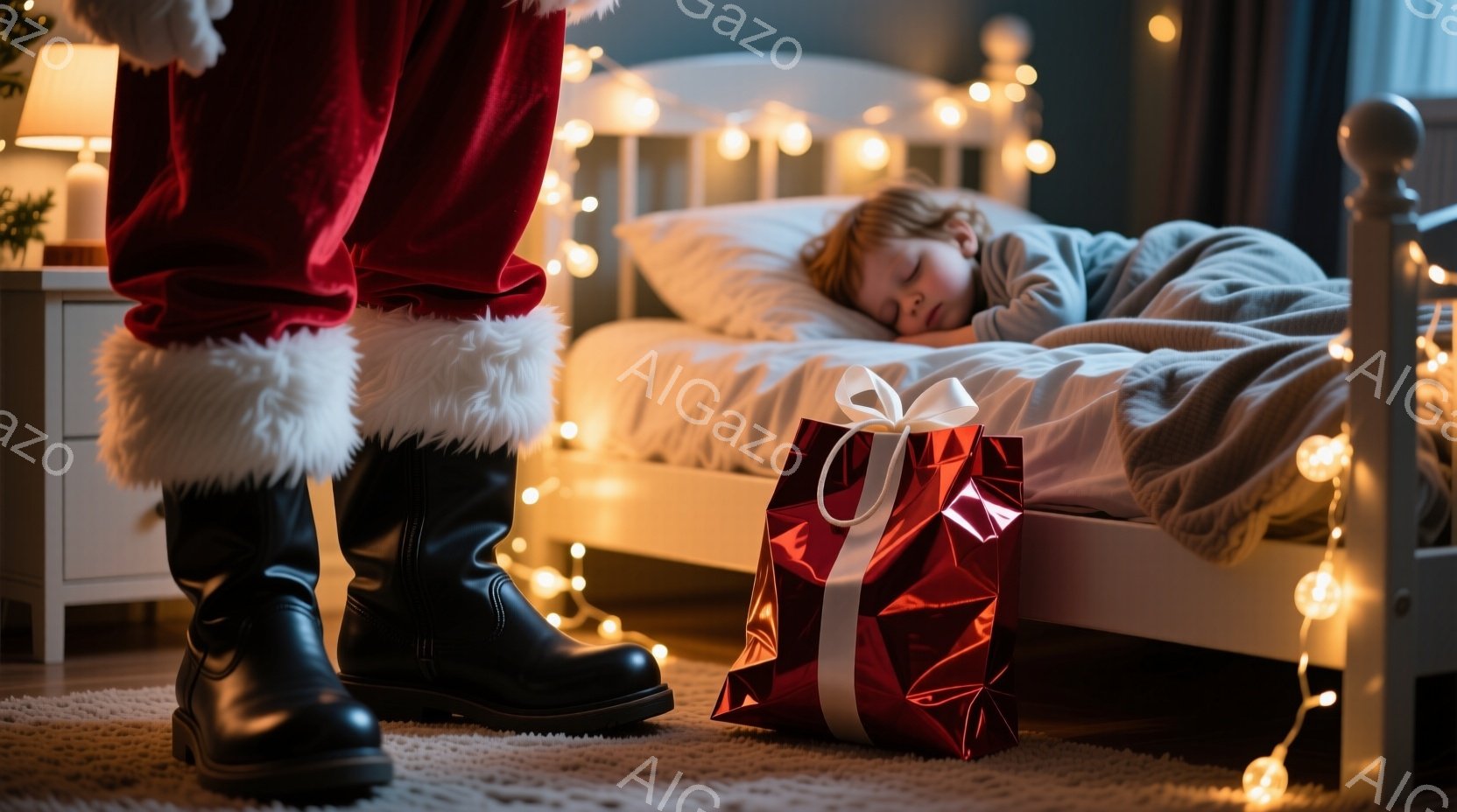 サンタクロースのブーツが床に写っており、背景にはベッドで眠っている子供がいます。ベッドのそばには赤いリボンのかかったプレゼントが置かれており、ベッドの周りには温かい光のイルミネーションが飾られています。全体的に、クリスマスの夜の静かで魔法のような雰囲気が漂っています。