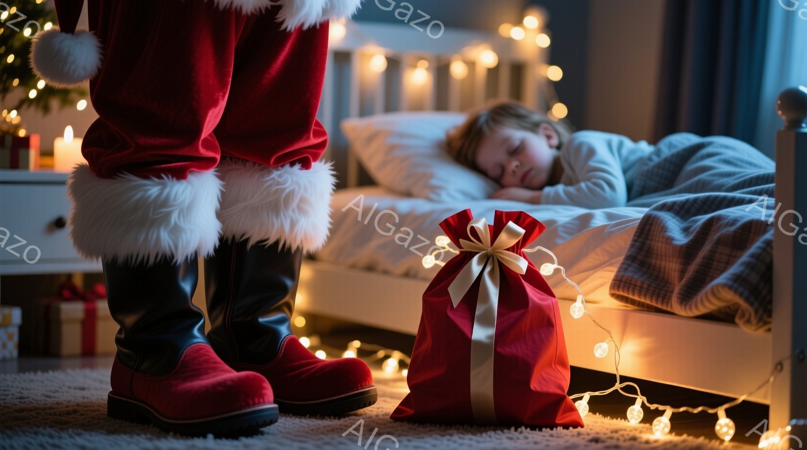 暖炉の光が差し込む寝室で、サンタクロースのブーツと赤いプレゼント袋が目に入ります。少年はベッドで眠っており、背景にはクリスマスの飾り付けがぼんやりと見えます。全体的に暖かく、穏やかなクリスマスイブの雰囲気が漂っています。