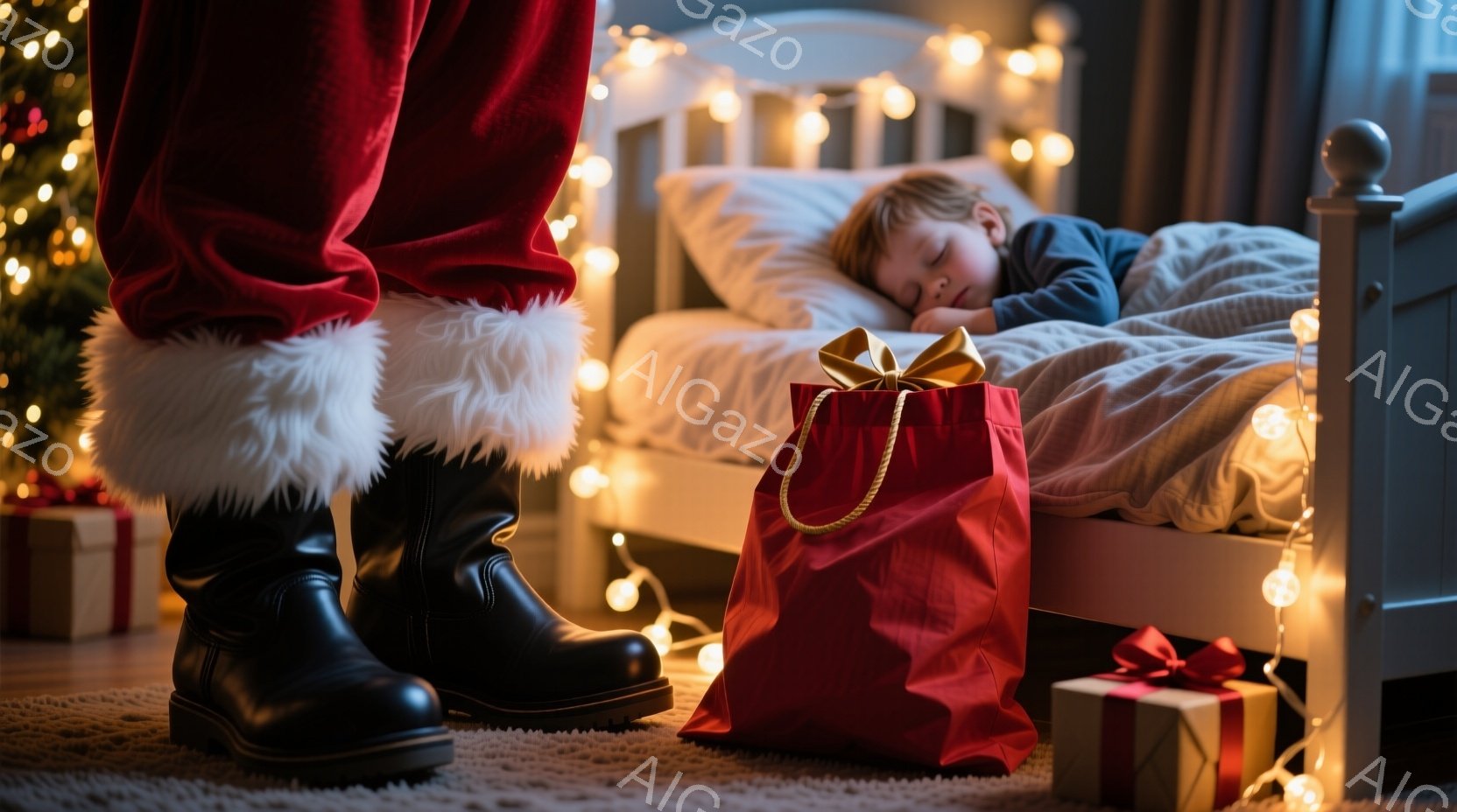 少年がベッドで眠っており、背景にはぼんやりとした部屋の様子が見えます。サンタクロースのブーツと赤い袋、そしてプレゼントが床に置かれており、クリスマスツリーの光が柔らかく照らしています。全体的に暖かく、 - AI生成フリー素材