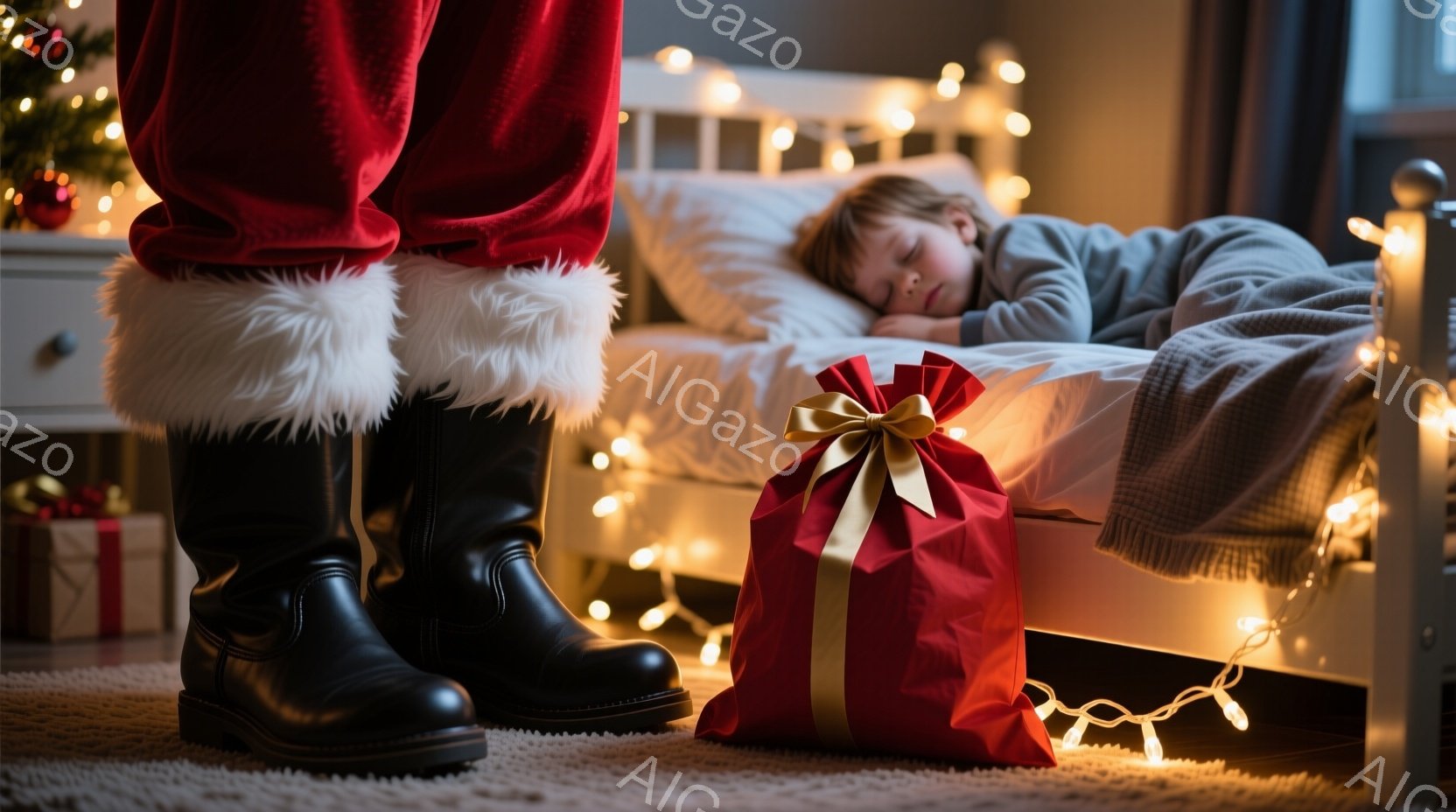 赤いサンタクロースのブーツが、眠っている子供のベッドの近くに立っている。子供は白いパジャマを着てベッドで眠っており、部屋は暖かい光で満たされている。赤いプレゼントの袋が床に置かれ、ベッドの周りには小さな電飾が飾られている。