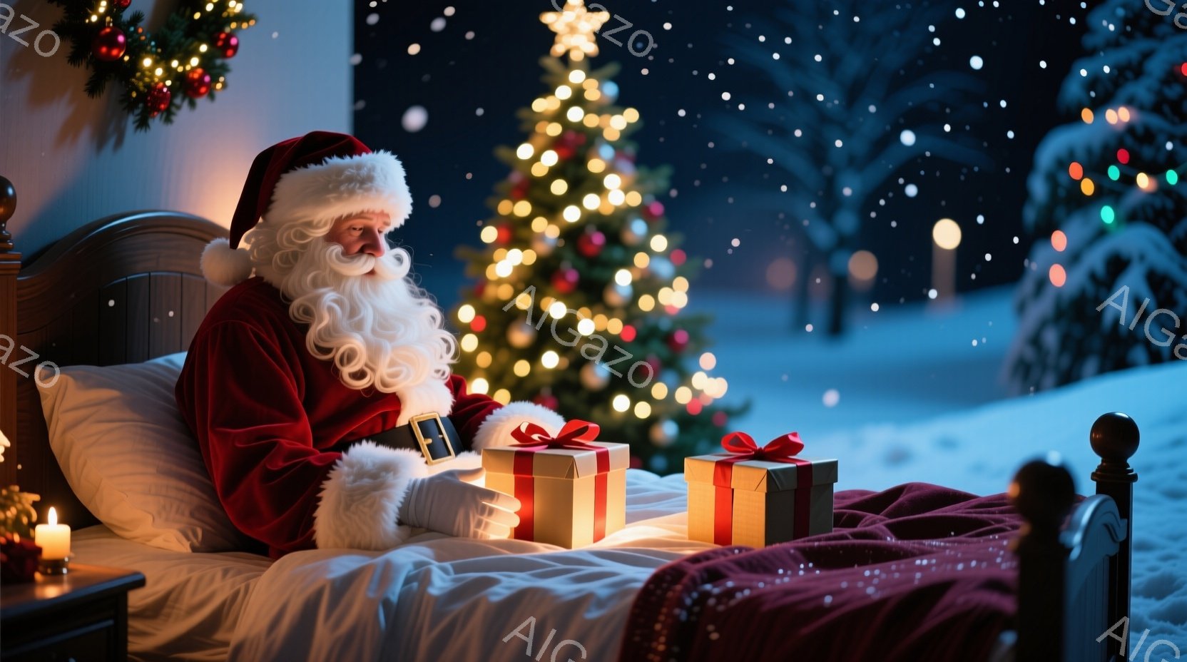 サンタクロースは赤いベルベットの衣装を身につけ、長い白いひげを蓄えた穏やかな表情で、ベッドに座って光るプレゼントの箱を見つめている。背景には、明るく輝くクリスマスツリーと、雪が降り積もる夜の景色が見える。全体的に暖かく、幻想的なクリスマスの雰囲気が漂っている。