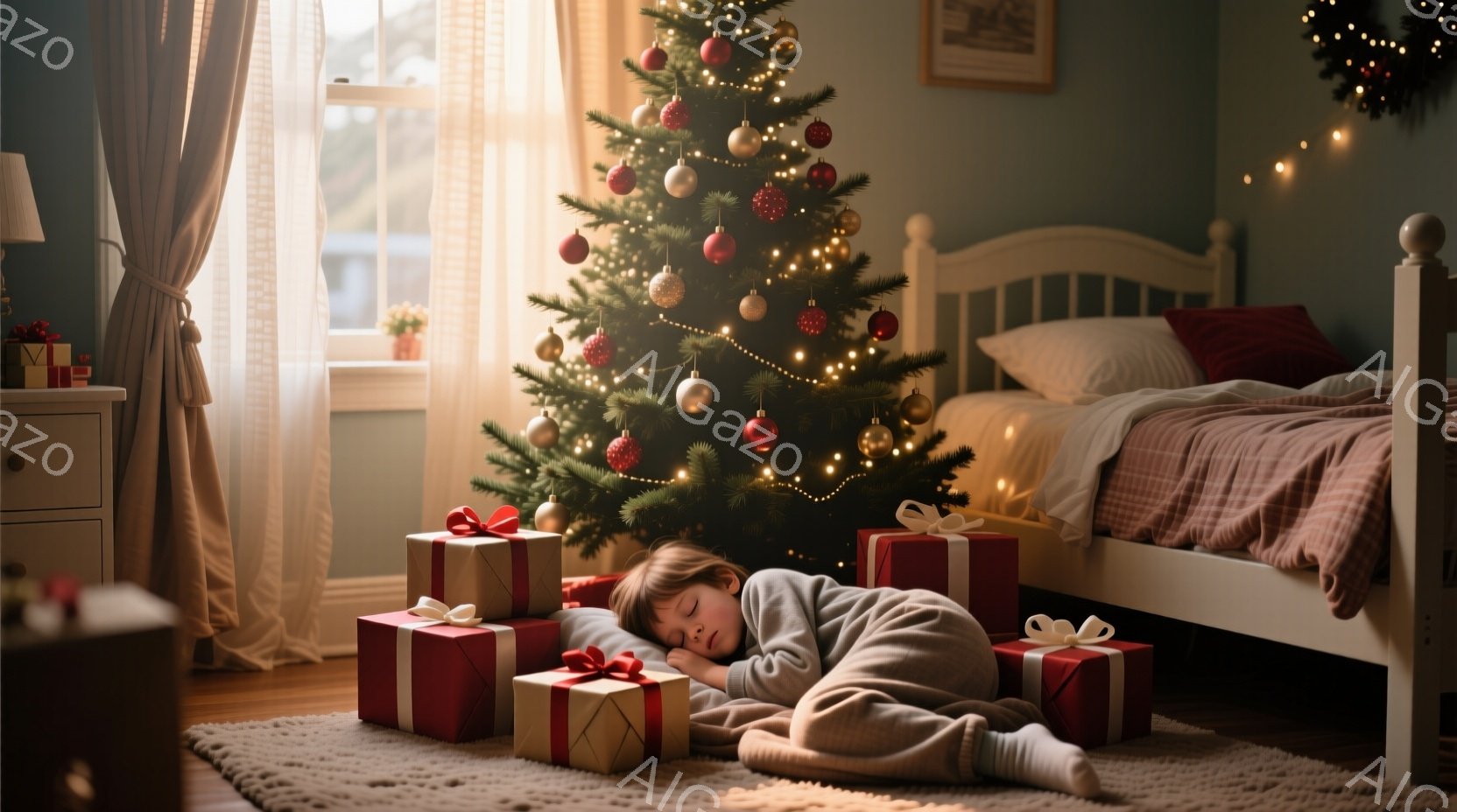 温かい光に包まれた部屋で、少年がクリスマスツリーのそばのカーペットの上で眠っています。彼は灰色の暖かいスウェットスーツを着ており、顔はリラックスした表情で、安らかな眠りにつく様子が伺えます。背景には飾 - AI生成フリー素材
