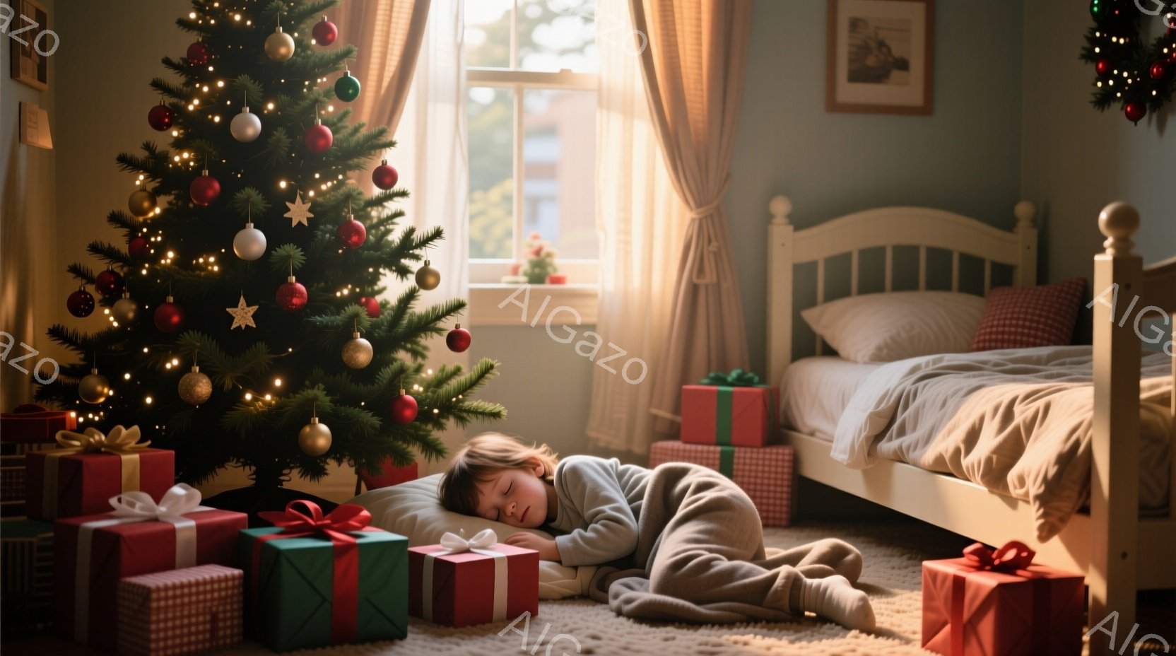 クリスマスツリーの周りにプレゼントが散らばった部屋で、少年がカーキ色のパジャマを着て床で眠っている。彼は横向きに寝ており、顔は見えないが、リラックスした様子が伝わってくる。部屋は暖色系の照明で照らされ、穏やかで平和なクリスマスの雰囲気が漂っている。