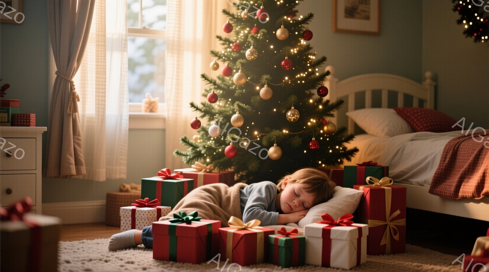 少年は、クリスマスツリーの前に置かれたたくさんのプレゼントの箱に囲まれて眠っています。彼は薄茶色のパーカーを着ており、金髪の髪は少し乱れています。背景には、暖炉とベッドがあり、部屋全体が温かく、穏やかなクリスマスの雰囲気を醸し出しています。