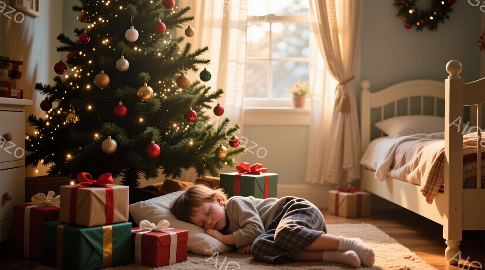 少年はクリスマスツリーの下のカーペットの上に横たわり、眠っています。グレーのパジャマとチェック柄のズボンを着用し、穏やかな表情を浮かべています。背景には、飾り付けられたクリスマスツリー、プレゼントの箱 - AI生成フリー素材
