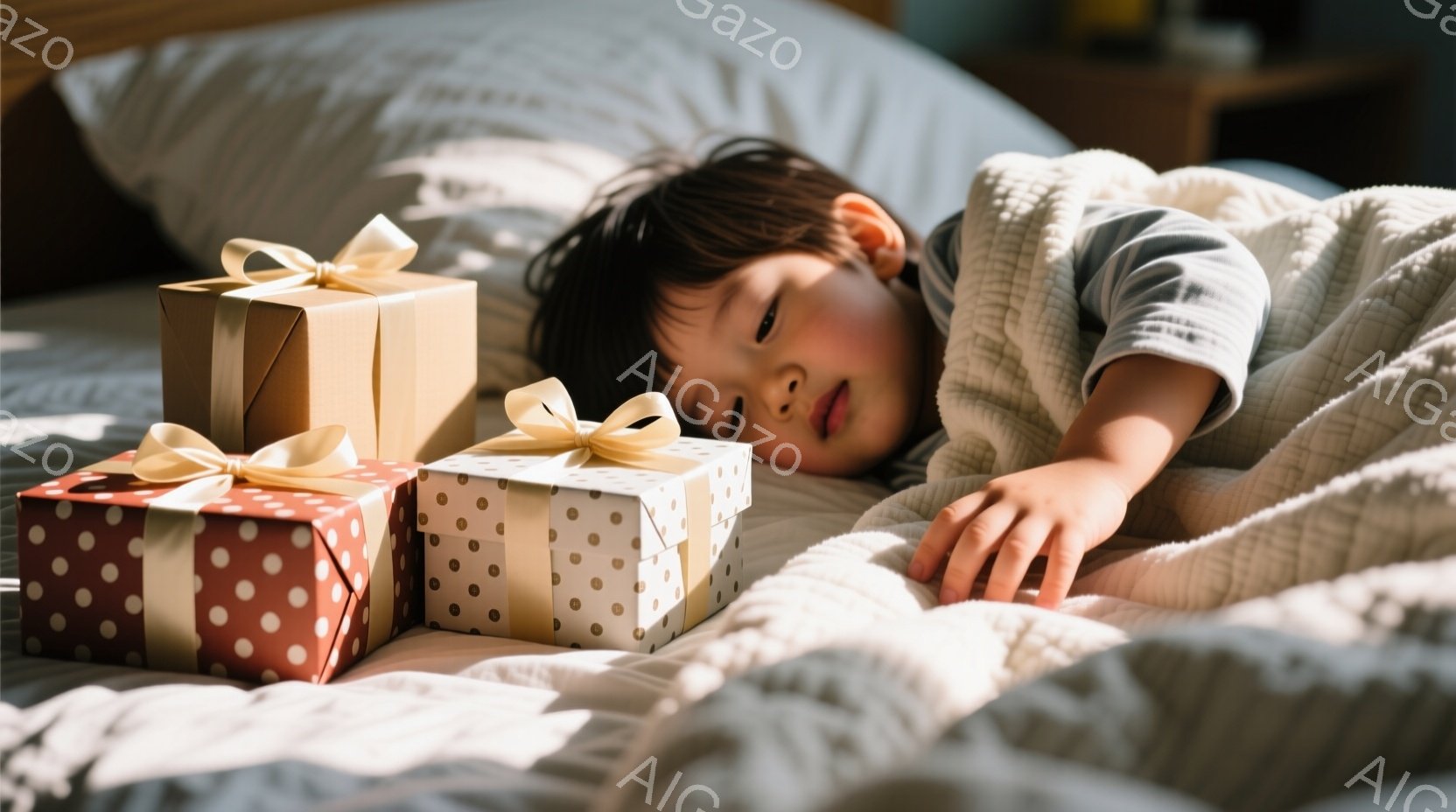 小さな男の子が、プレゼントの箱に囲まれてベッドの上で眠っています。彼は青い長袖のシャツを着ており、黒髪は少し無造作に整えられています。明るい光が差し込み、温かく穏やかな雰囲気が漂っています。