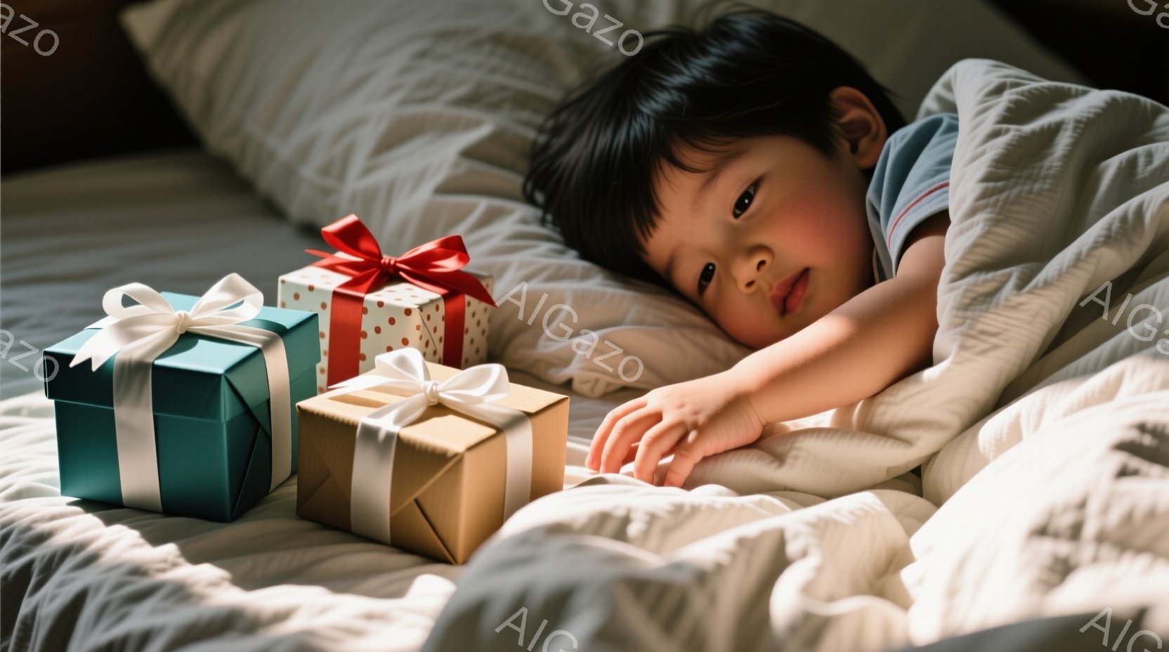 少年はベッドに横たわり、プレゼントの箱を見つめている。彼は白いTシャツを着ており、黒い髪は少し無造作にセットされている。プレゼントの箱はそれぞれ青、赤と白の水玉模様、そしてクラフト紙のような茶色で、白いリボンで飾られている。