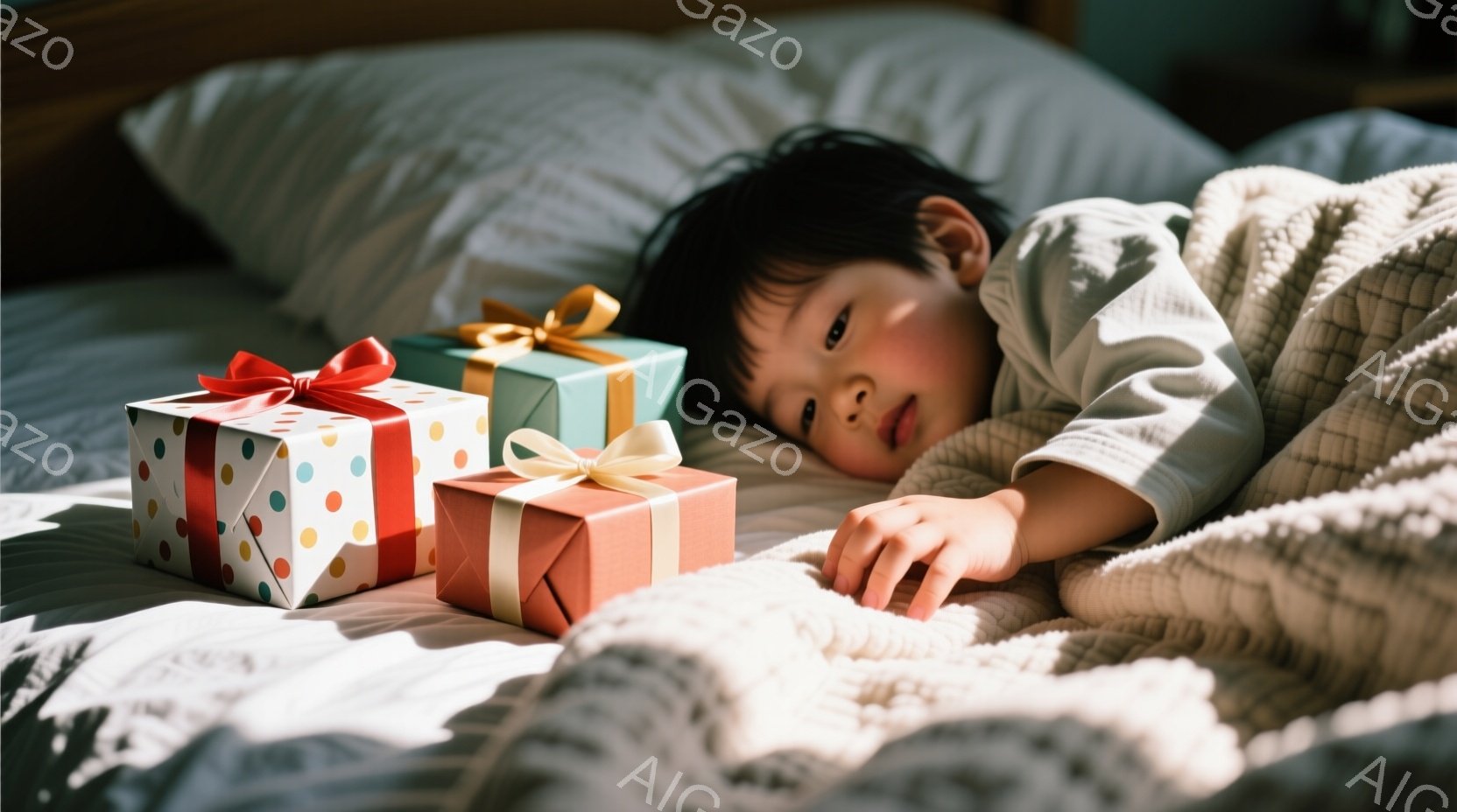 白いベッドの上に、カラフルなリボンで飾られた3つのギフトボックスが置かれています。幼い男の子が白い毛布に包まれ、リラックスした表情で目を細めて横たわっています。全体的に、暖かく穏やかな、安らぎを感じさせる雰囲気です。