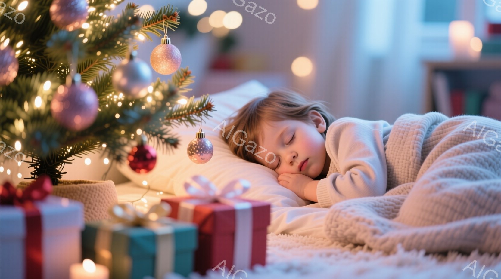 小さな子供が白い毛布に包まれ、クリスマスの飾り付けられた小さな木の下で眠っています。子供は白いセーターを着ており、顔は穏やかでリラックスした表情をしています。背景には、プレゼントの箱やぼんやりとした光 - AI生成フリー素材