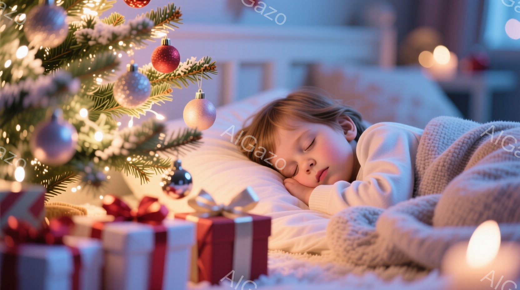 クリスマスツリーの近くで、小さな子供が毛布に包まれて眠っています。子供は白いセーターを着ており、金髪が枕にふんわりと広がっています。背景には、赤と白の包装紙で飾られたプレゼントや、ぼんやりと光るキャンドルが見え、温かく穏やかなクリスマスの雰囲気を醸し出しています。