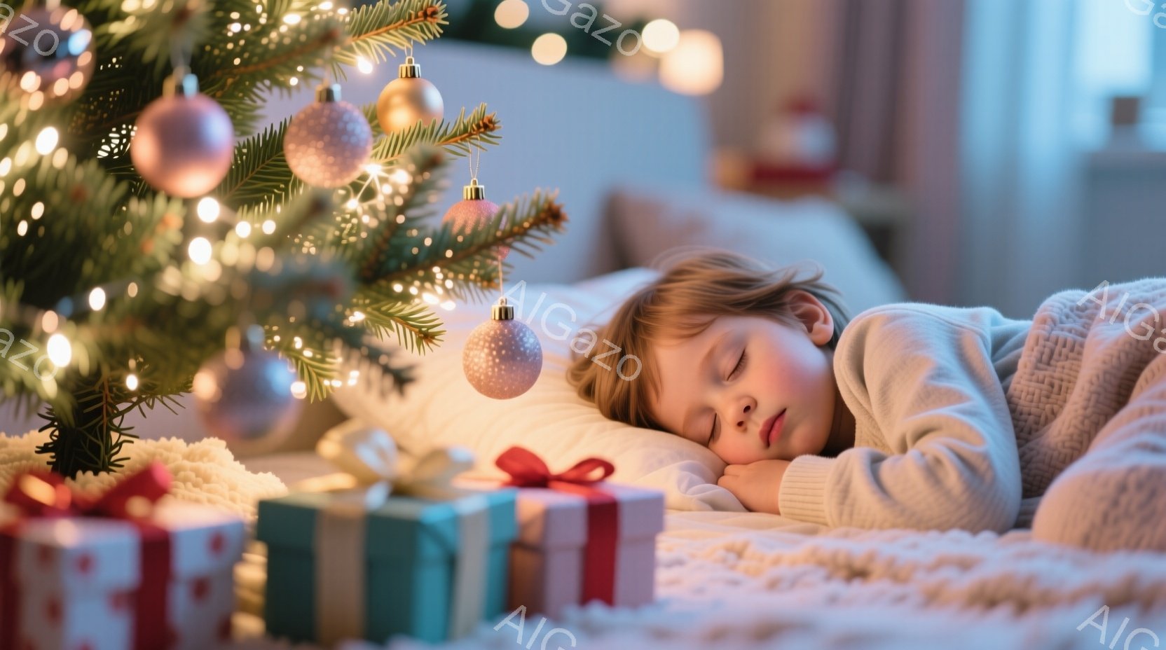 幼い男の子が白い毛布の中で眠っています。彼は灰色のセーターを着ており、金髪で少しカールした髪をしています。背景には、クリスマスツリーとプレゼントの箱が散らばっており、温かく、穏やかな雰囲気が漂っています。