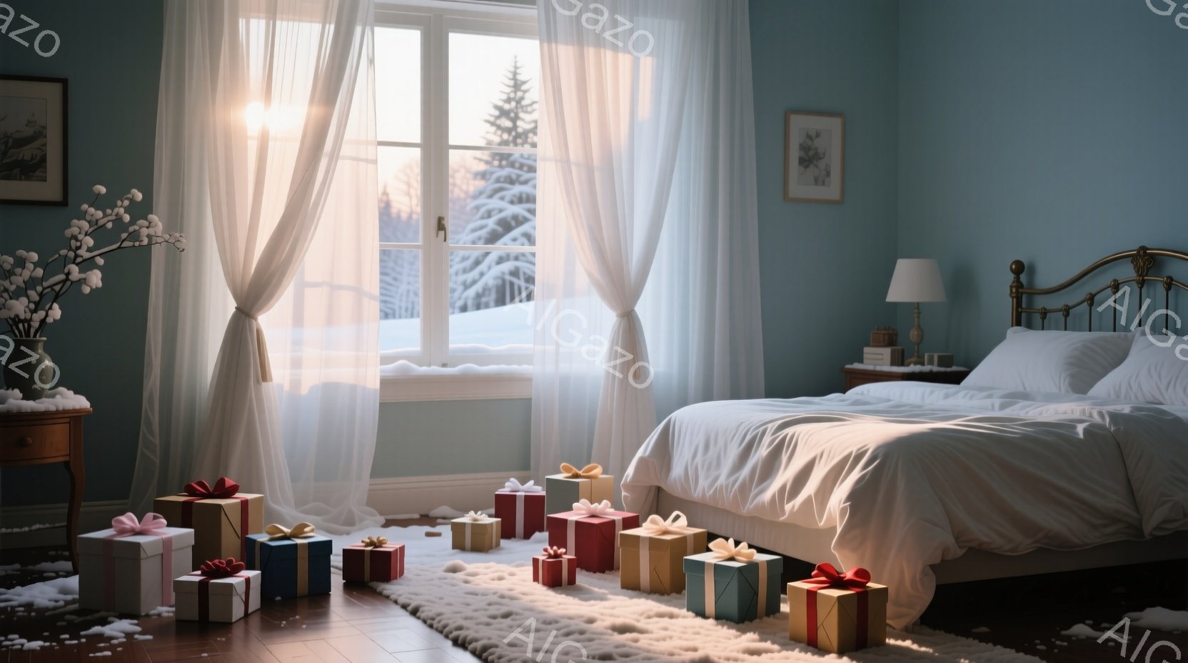 窓から雪景色が見える、暖炉のそばにプレゼントボックスが散らばった寝室の画像です。明るい白のベッドと柔らかい色の壁が、温かく居心地の良い雰囲気を醸し出しています。全体的に静かで穏やかな冬の日の光景が描か - AI生成フリー素材