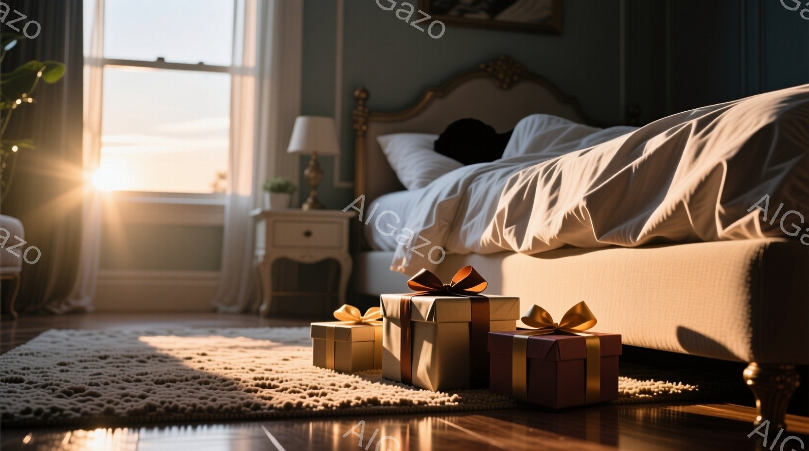 明るい木製の床に、ラッピングされたプレゼントボックスが3つ並んでいる。背景には、高級感のあるベッドと、暖色系の装飾が施された部屋が広がっており、窓からは夕日の光が差し込んでいる。全体的に、温かく、落ち着いた、特別な日の雰囲気が漂っている。
