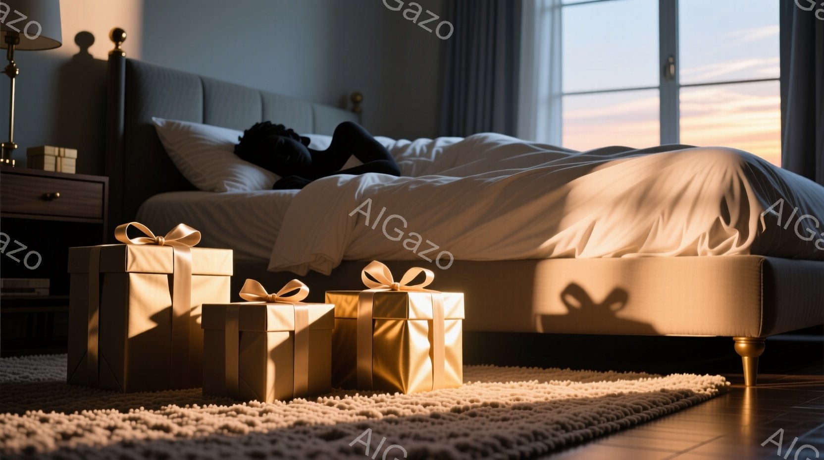 ベッドの上で女性が仰向けに横たわっており、黒い服と靴下を身につけています。背景には夕焼けが見え、室内は暖かく穏やかな光に包まれています。ベッドの足元には、リボンのかかったプレゼントボックスがいくつか置かれ、特別な日の到来を予感させる雰囲気です。