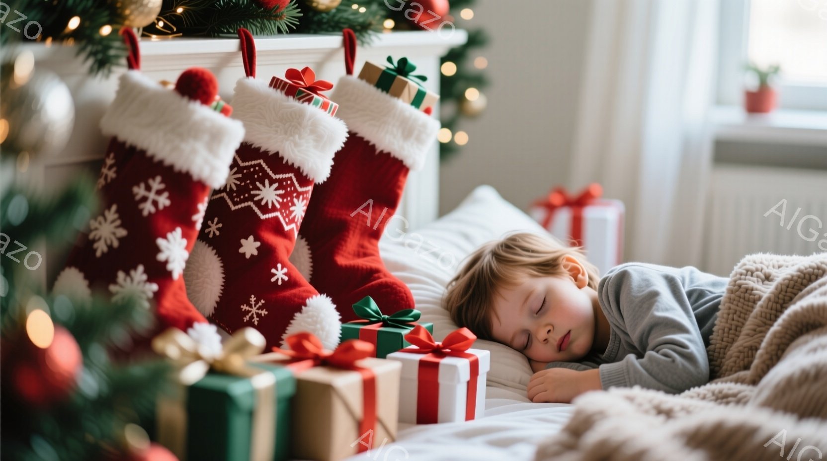 クリスマスツリーの足元にプレゼントが置かれ、暖炉の上に赤いクリスマスストッキングが飾られています。少年は白い毛布に包まれ、枕の上で安らかに眠っており、穏やかな表情をしています。背景にはぼやけたクリスマスツリーの光が暖かく、全体的に温かく、平和で、お祝いムードにあふれています。