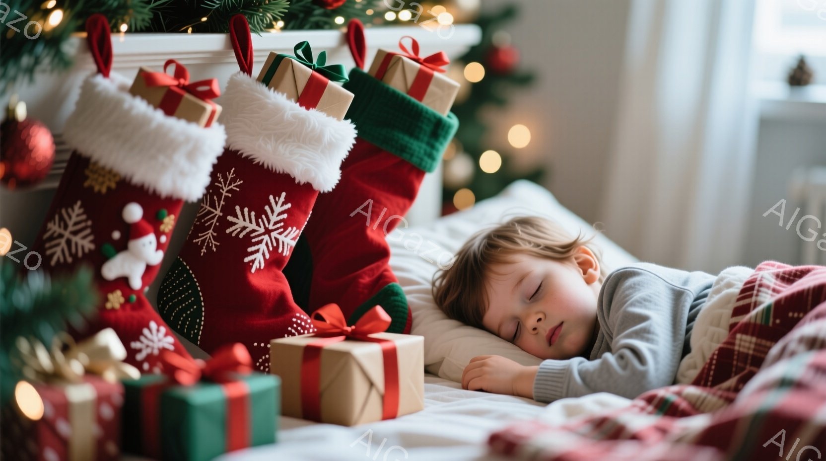 クリスマスツリーのそばで、小さな少年が毛布にくるまって眠っています。少年はグレーの長袖シャツを着ており、明るい茶色の髪は少し無造作に伸びています。背景には、赤いクリスマスストッキングとプレゼントの箱が散りばめられ、温かく穏やかなクリスマスの雰囲気が漂っています。