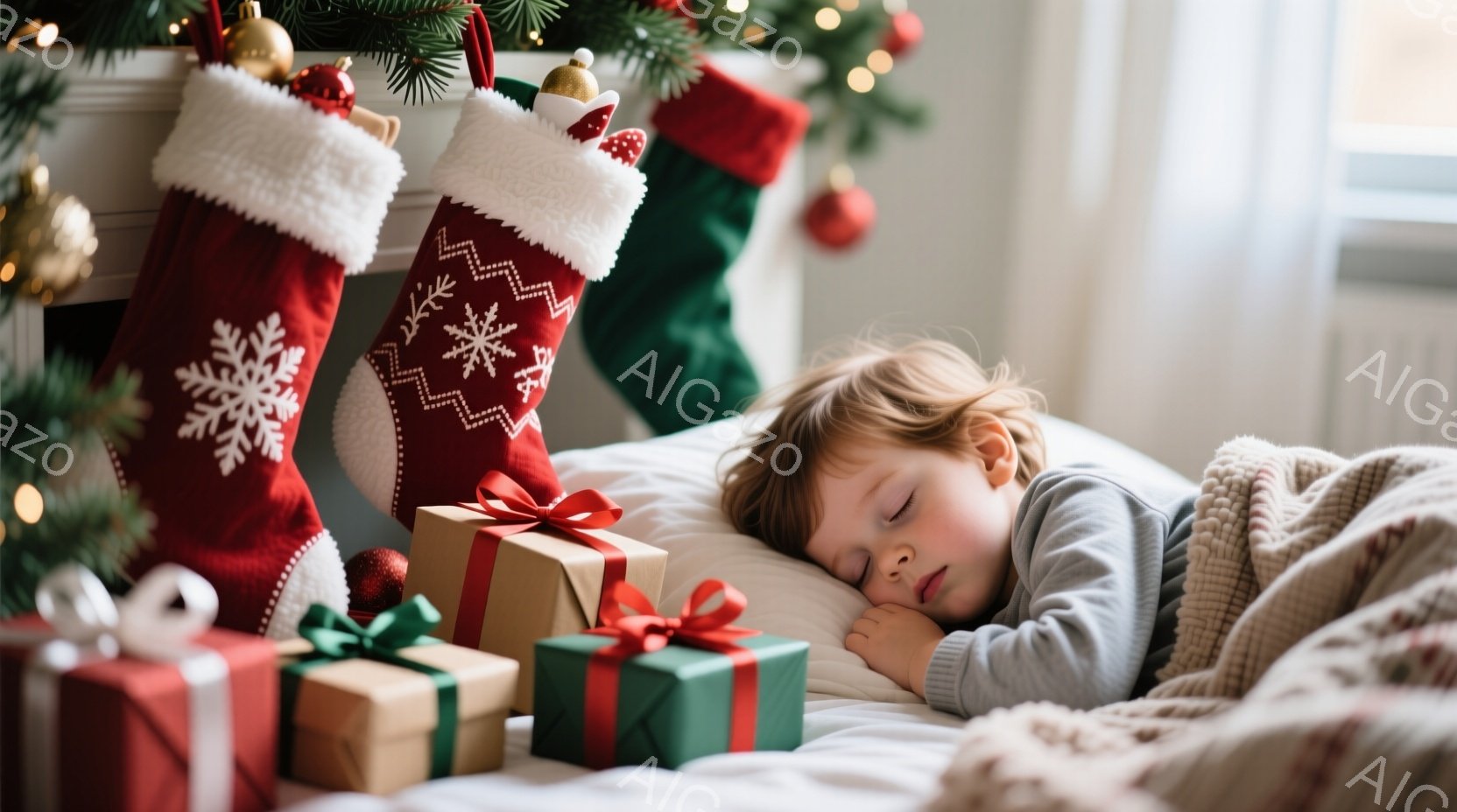 小さな少年が白い枕に横たわり、クリスマスの朝に眠っています。彼は縞模様のパジャマを着ており、毛先が少し乱れた金髪です。背景には、クリスマスツリーと赤いストッキング、そしてリボンで結ばれたプレゼントが置かれ、温かく幸せな雰囲気が漂っています。