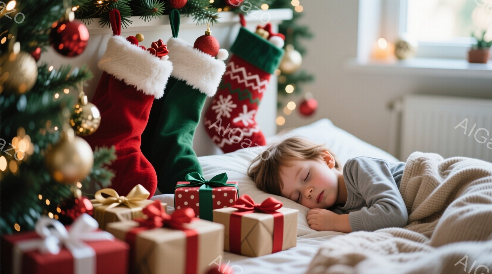 暖炉のそばのベッドの上で、幼い男の子が毛布にくるまって眠っています。男の子はグレーの長袖シャツを着ていて、明るい茶色の髪をしています。背景には、クリスマスツリー、プレゼント、赤いクリスマスストッキングがあり、暖かいお祝いの雰囲気が漂っています。
