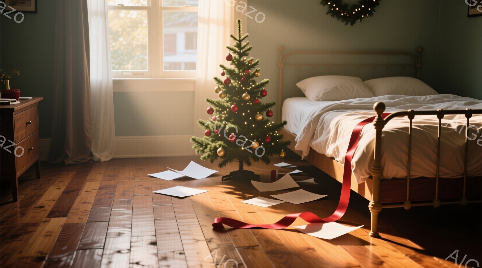 暖炉のある寝室には、装飾されたクリスマスツリーが置かれ、床には開封されたプレゼントの赤いリボンと包装紙が散らばっている。木製の床と白いベッドシーツが温かみを加え、窓から差し込む光が部屋全体を明るく照ら - AI生成フリー素材