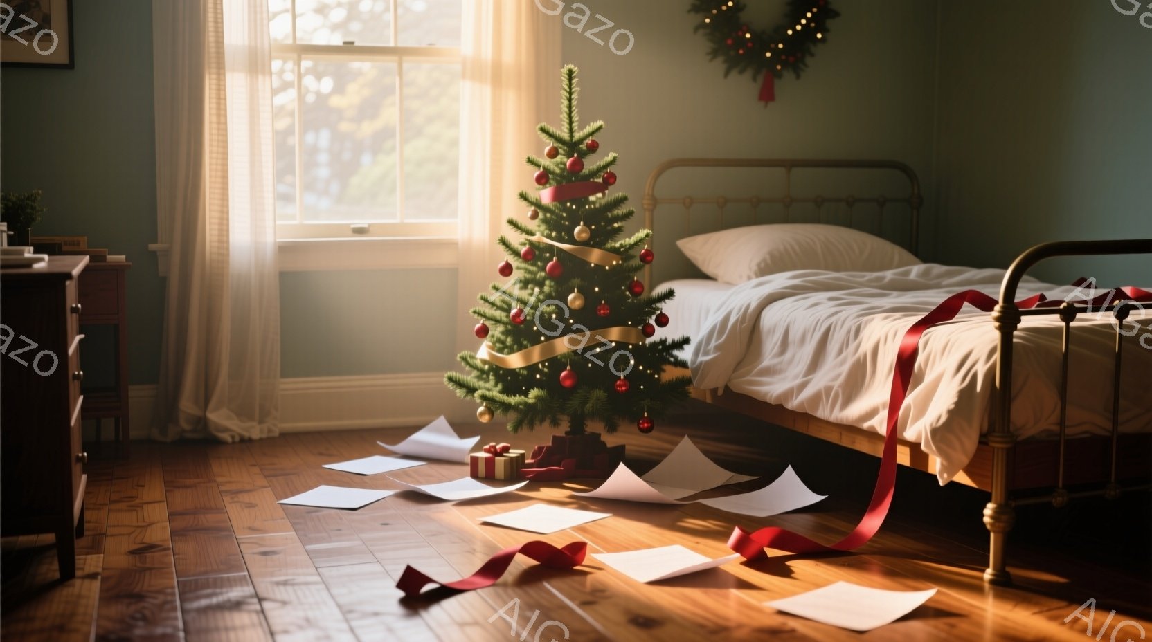 部屋の中央には、装飾が施されたクリスマスツリーが置かれ、周りには開封されたプレゼントの包装紙や赤いリボンが散らばっています。窓から差し込む柔らかな光が、木製の床と白いベッドシーツを照らし、全体的に温かく、穏やかなクリスマスの朝の雰囲気を醸し出しています。壁には絵が飾られており、ベッドの上には枕が置かれ、リラックスした空間を作り出しています。