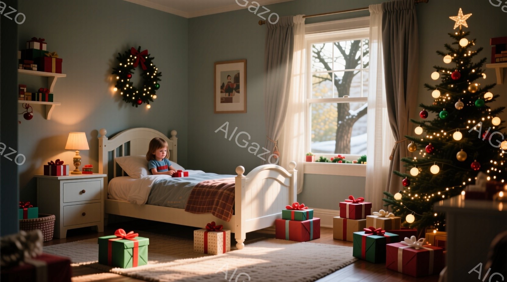 白いベッドに座る少女は、赤いセーターを着て、膝を抱え、何かをじっと見つめているようです。部屋にはクリスマスツリーやプレゼントボックスが置かれ、窓の外には雪景色が広がっています。暖かく穏やかな光が差し込 - AI生成フリー素材