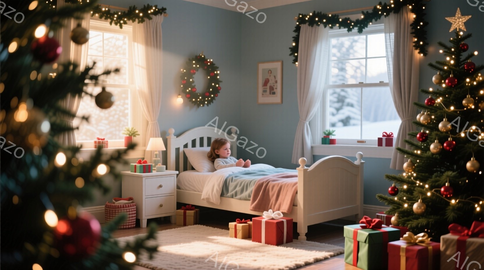 少女は白いベッドに座って、窓の外を見つめています。彼女は赤いドレスを着ており、髪は後ろで三つ編みにされています。背景にはクリスマスツリーとプレゼント、そして雪景色が見える、暖かく穏やかな雰囲気の部屋です。