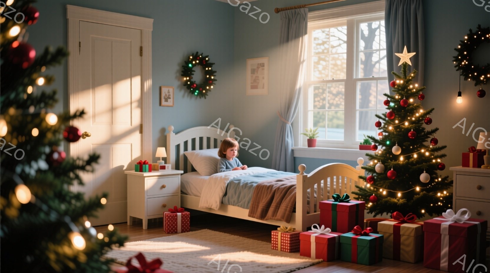 暖炉のそばに置かれた白いベッドに、小さな女の子が座って何かを見つめています。彼女は赤いセーターを着ており、明るい光が差し込む居間にはクリスマスツリーとプレゼントの山が置かれ、温かく優しい雰囲気が漂っています。背景には窓から差し込む自然光と、クリスマス飾りが施された壁が見え、穏やかで幸せなクリスマスの朝を予感させます。