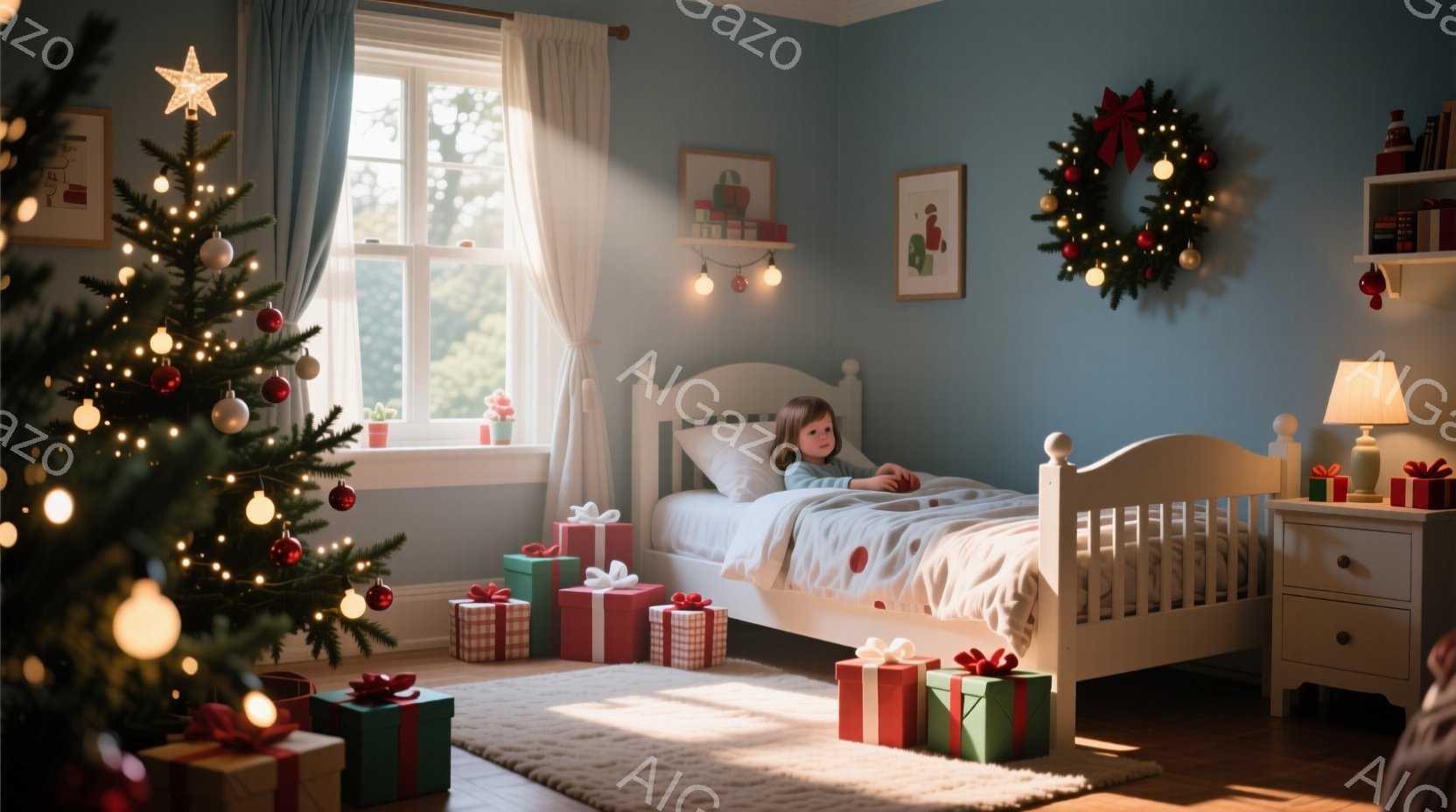 部屋はクリスマスの飾りで満たされており、窓から差し込む暖かい光が部屋全体を照らしています。ベッドに横たわる少女は、金髪で茶色の目を持ち、リラックスした表情で天井を見上げています。白いベッドの周りには、赤いリボンで飾られたプレゼントボックスがいくつか置かれており、部屋は穏やかで幸せなクリスマスの雰囲気に包まれています。