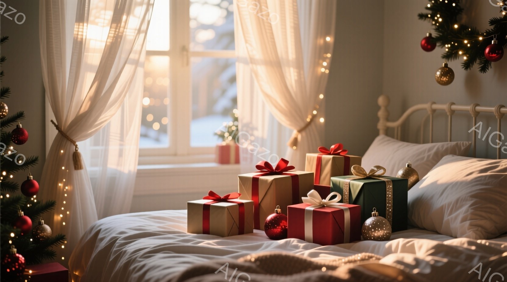 白いベッドの上に、リボンで飾られた様々な大きさのプレゼントボックスが置かれています。窓からは雪景色が見え、暖かく穏やかな光が差し込み、クリスマスツリーの飾りと相まって、ほっとするような冬の雰囲気を醸し出しています。全体的に、穏やかで温かい、クリスマスの喜びを感じさせる光景です。