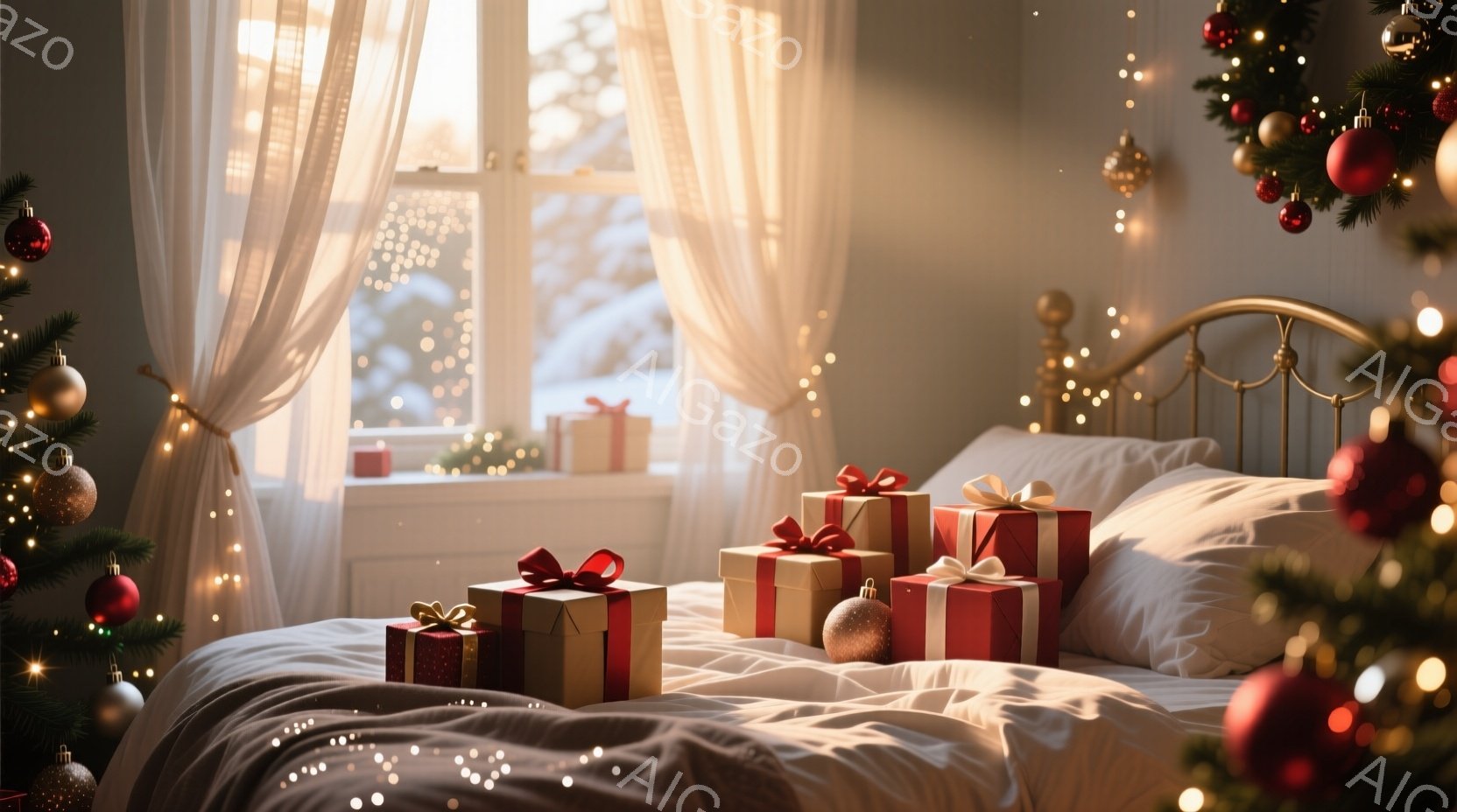 白いベッドの上に、様々な大きさのラッピングされたプレゼントが並べられています。窓からは雪景色が見え、ベッドの周りにはキラキラと輝くイルミネーションが飾られています。全体的に暖かく、穏やかで、クリスマス - AI生成フリー素材