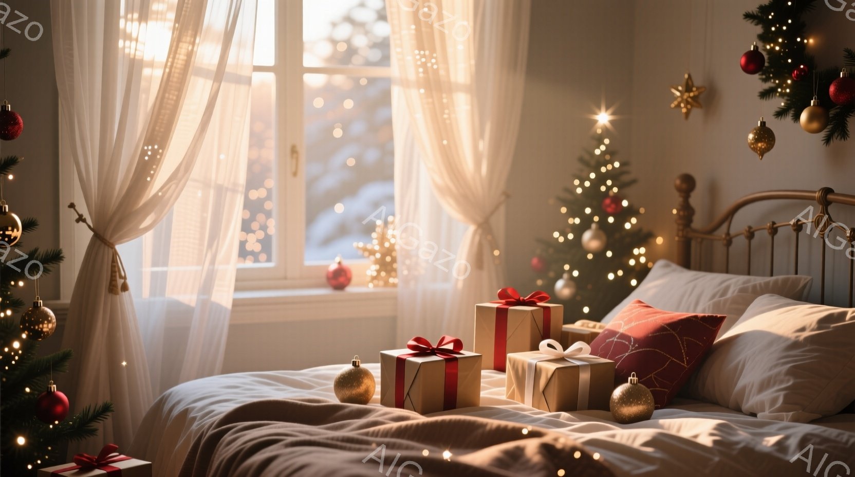 暖炉のそばのベッドの上に、リボンとオーナメントで飾られたプレゼントボックスがいくつか置かれています。窓の外には雪景色が広がり、部屋全体が温かく優しい光で満たされています。クリスマスツリーがベッドの背景 - AI生成フリー素材