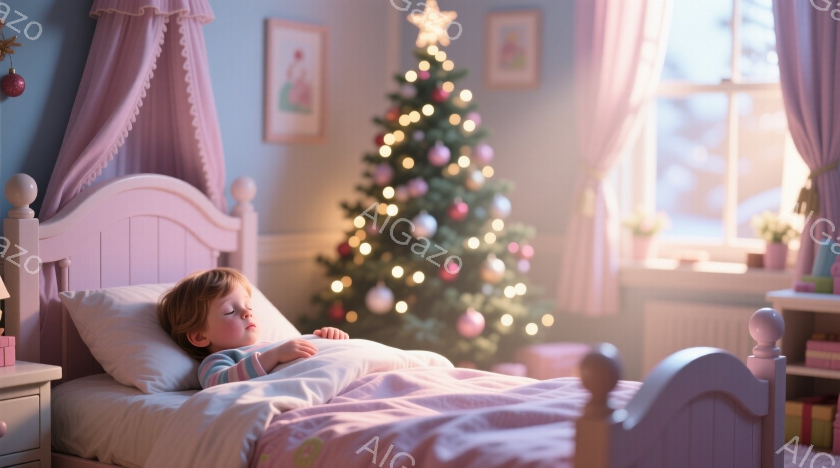 少年はピンク色のベッドで眠っており、ストライプのパジャマを着ています。背景にはクリスマスツリーが飾られ、窓の外には雪景色が広がっています。部屋全体が暖かく、穏やかなクリスマスの雰囲気に包まれています。 - AI生成フリー素材