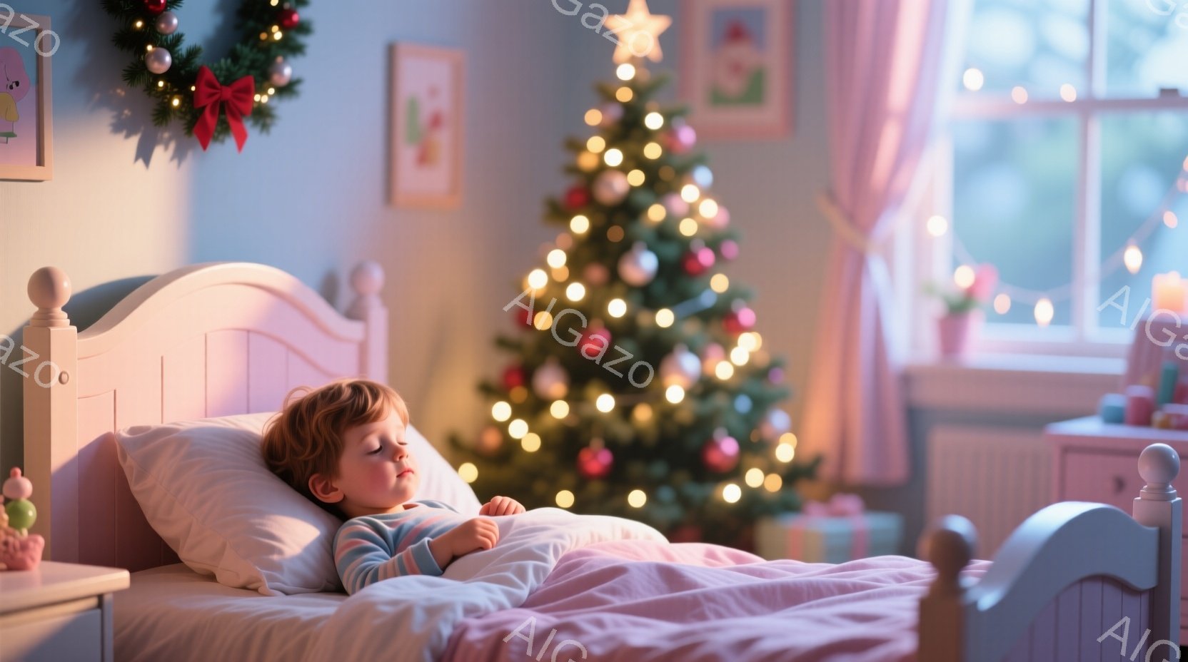小さな少年がベッドで眠っており、パジャマ姿で金髪の髪をしています。背景にはクリスマスツリーが飾られ、部屋全体が温かい光に包まれています。プレゼントボックスがツリーの下に置かれ、窓の外にはぼんやりとした夜景が見え、クリスマスの穏やかで心地よい雰囲気が漂っています。