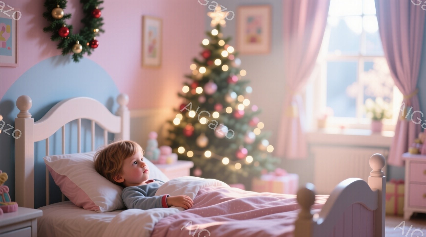 幼い少年がピンク色のベッドに横たわり、ぼんやりとどこかを見つめています。少年は薄い水色の長袖シャツとパジャマのようなズボンを着用し、明るい茶色の髪は少し無造作に整えられています。背景には、窓から見える - AI生成フリー素材