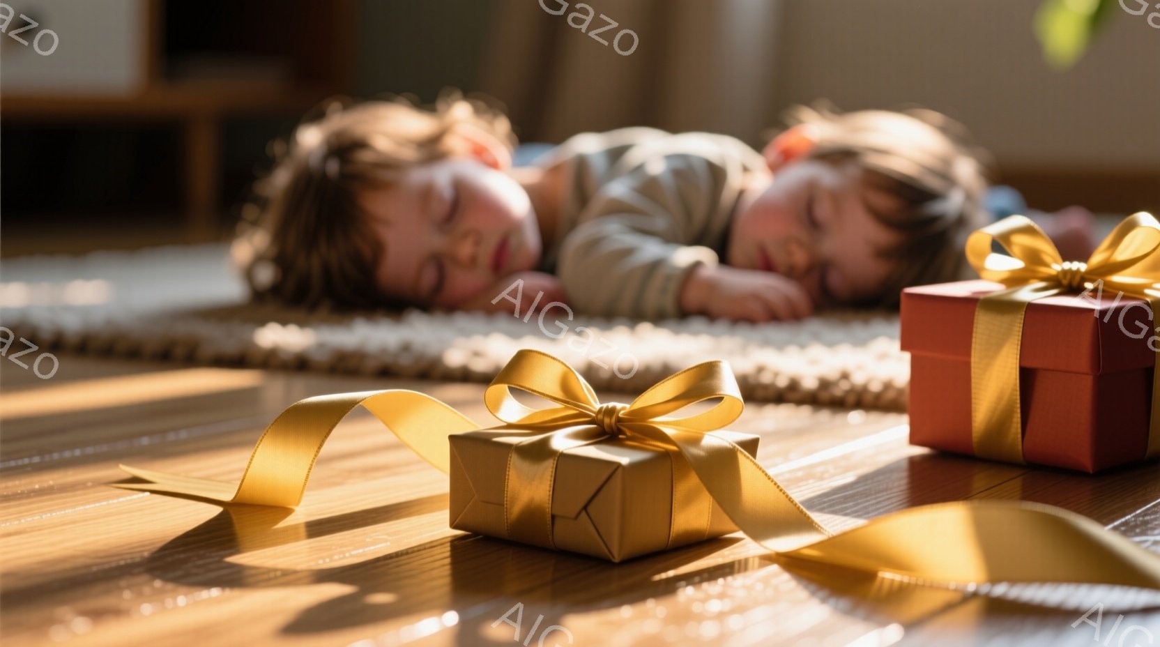 幼い双子の子供たちが、ベージュ色の服を着て、カーペットの上に横たわって眠っています。彼らの表情は穏やかで、リラックスしている様子が伺えます。背景には木製の床と、ぼやけた家具が見え、暖かく穏やかな家庭的な雰囲気が漂っています。